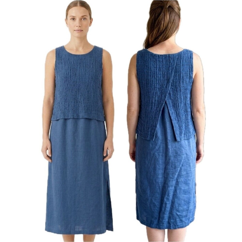 J. Jill Pure Jill Batik BlueTextured Layered Linen Maxi Dress Size Medium Petite
